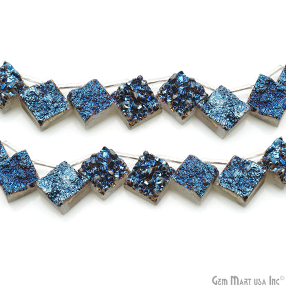 Blue Druzy Square Beads, 8 Inch Gemstone Strands, Drilled Strung Briolette Beads, Square Shape, 10-14mm