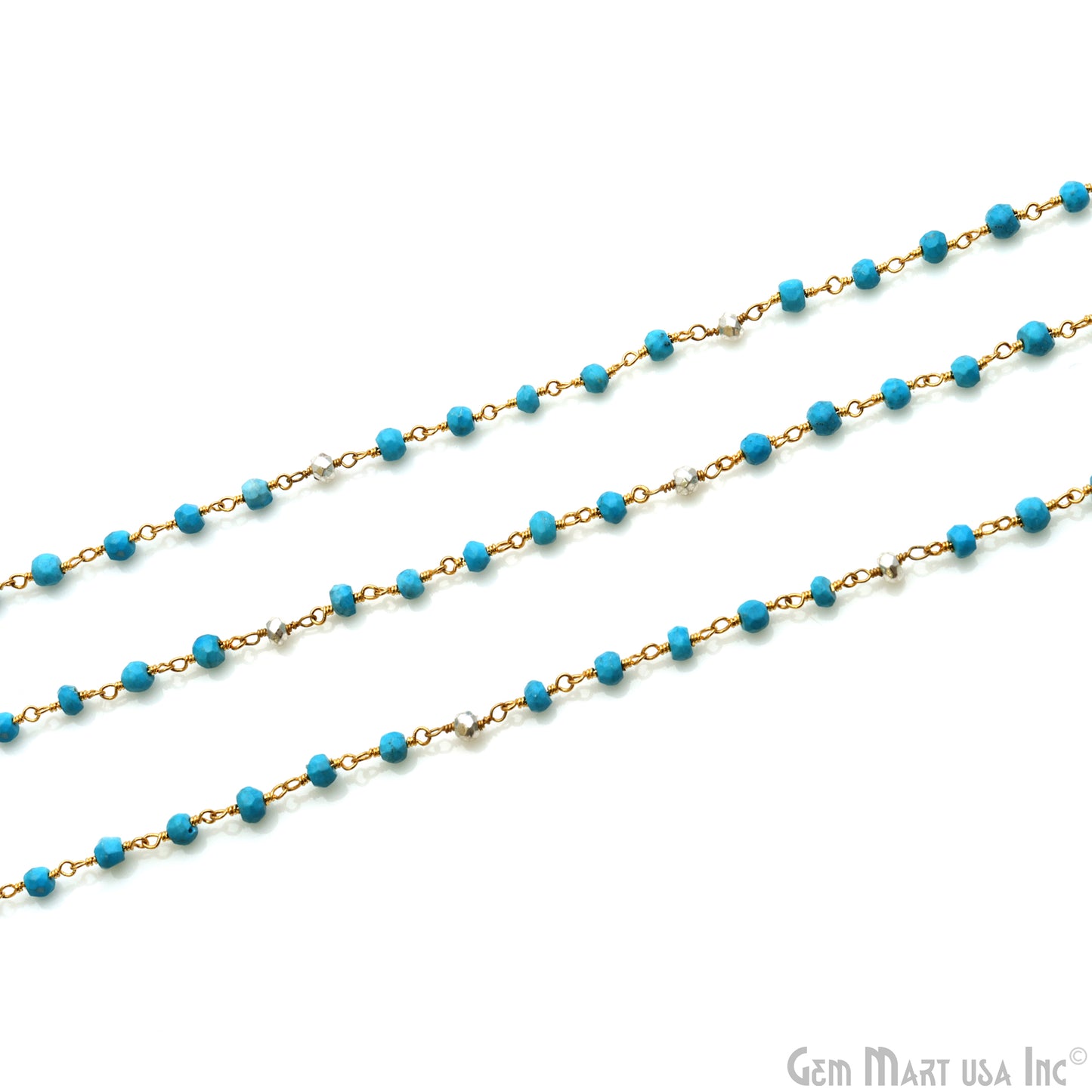 Turquoise With Silver Pyrite Gold Plated Gemstone Beads Rosary Chain