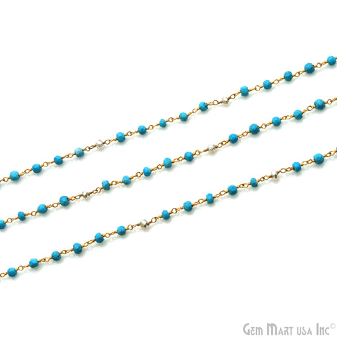 Turquoise With Silver Pyrite Gold Plated Gemstone Beads Rosary Chain