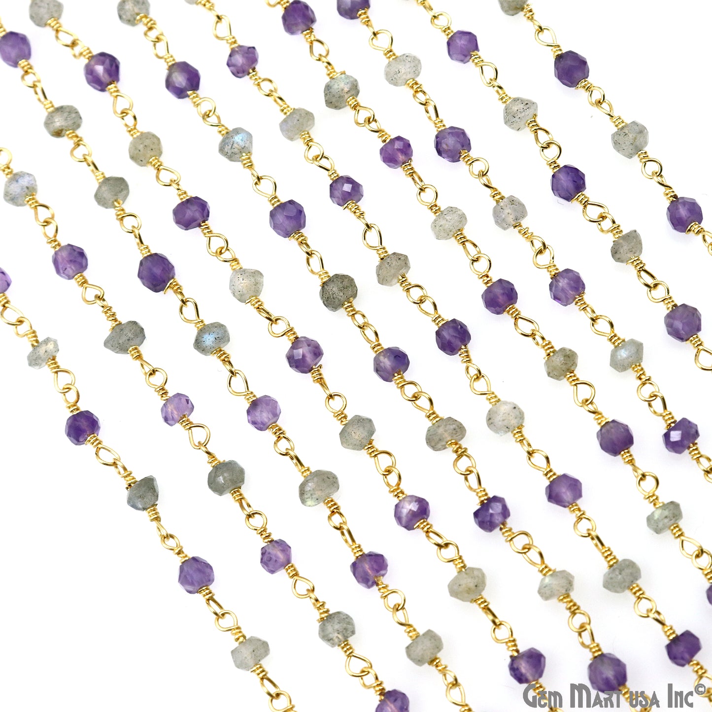 Amethyst & Labradorite 3-3.5mm Gold Plated Faceted Beads Wire Wrapped Rosary Chain