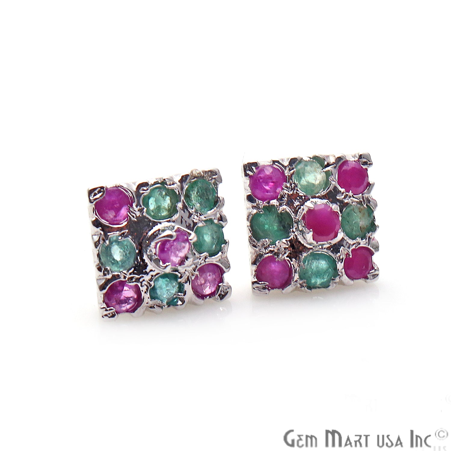 Emerald With Ruby 10mm Sterling Silver Square Shape Stud Earring - GemMartUSA