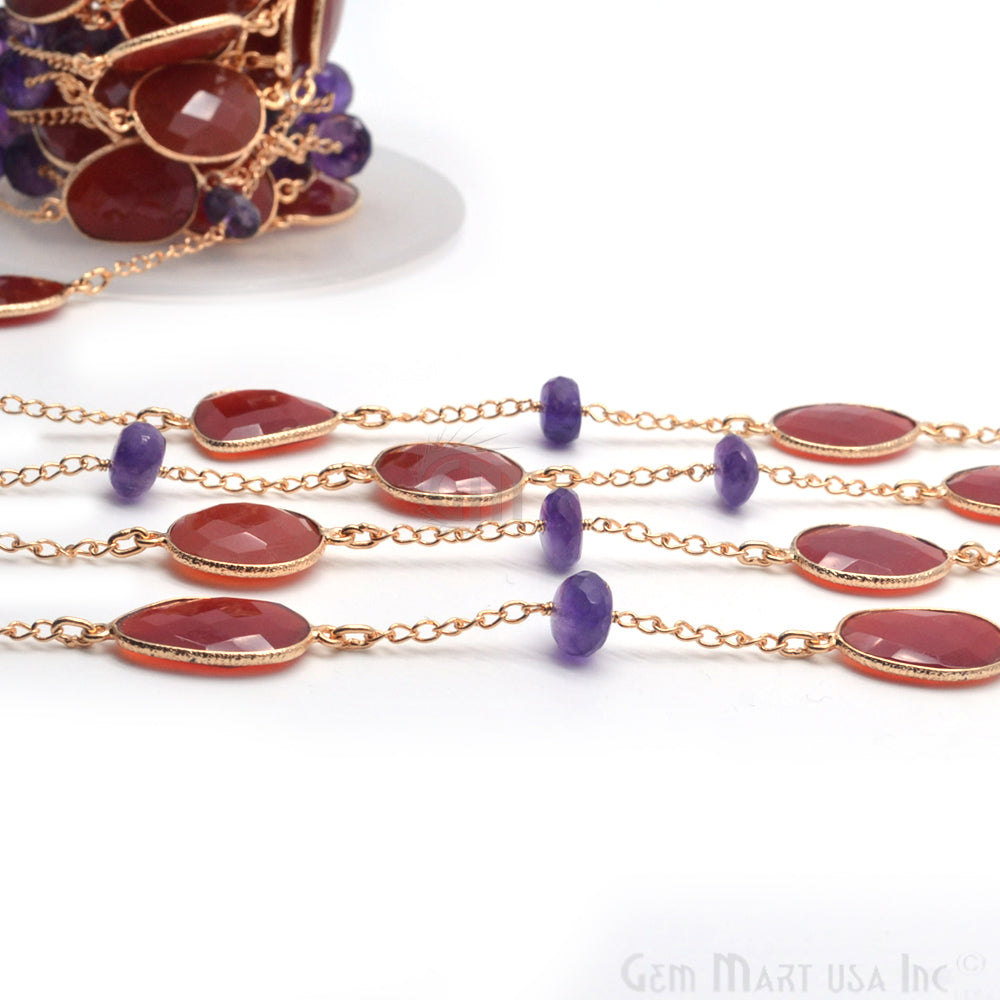 Carnelian With Amethyst Beads 10-15mm Gold Plated Rosary Connector Chain - GemMartUSA (764190556207)