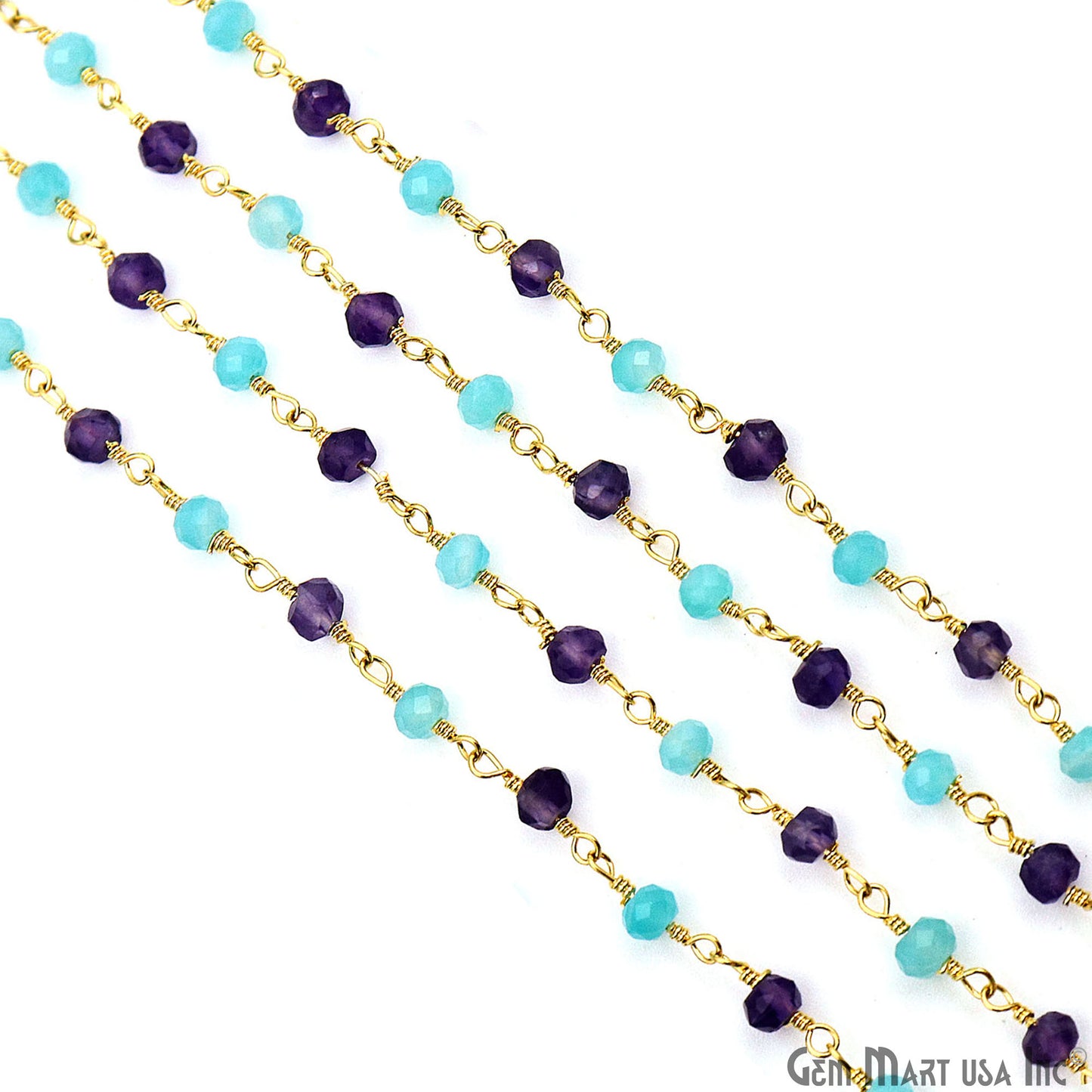 Amethyst & Amazonite Beads 3-3.5mm Gold Plated Wire Wrapped Rosary Chain