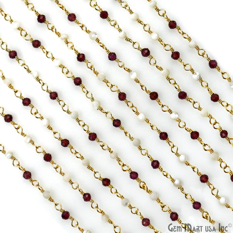 Rhodolite & Mother Of Pearl Gold Plated Wire Wrapped Gemstone Beads Rosary Chain