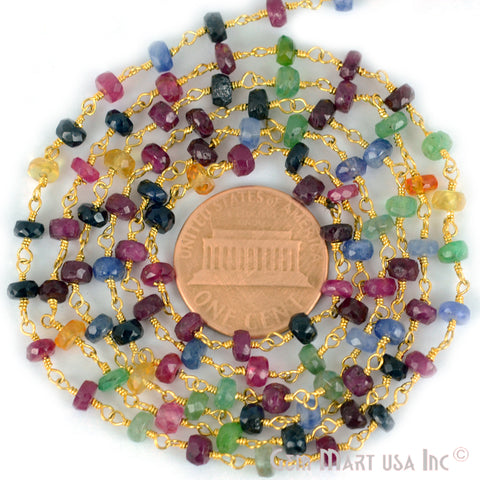 Multi Sapphire 3-3.5mm Gold Plated Wire Wrapped Rosary Chain - GemMartUSA (764023308335)