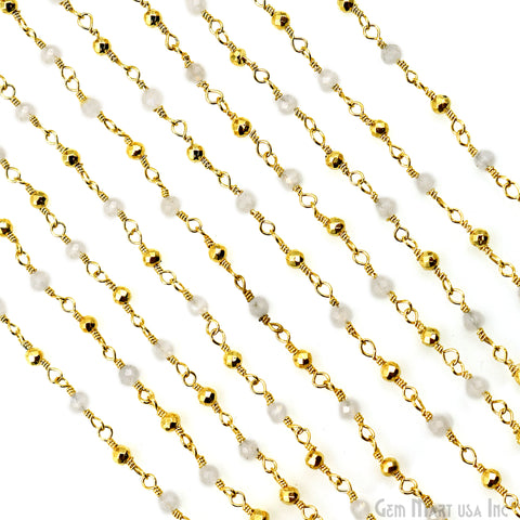 Rainbow & Golden Pyrite 2-2.5mm Tiny Beads Gold Plated Wire Wrapped Rosary Chain