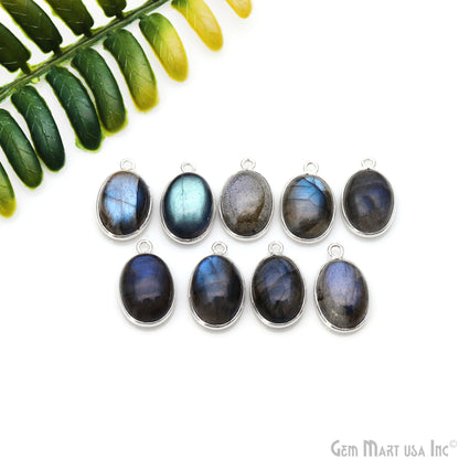 Flashy Labradorite Cabochon 10x14mm Oval Single Bail Silver Plated Gemstone Connector