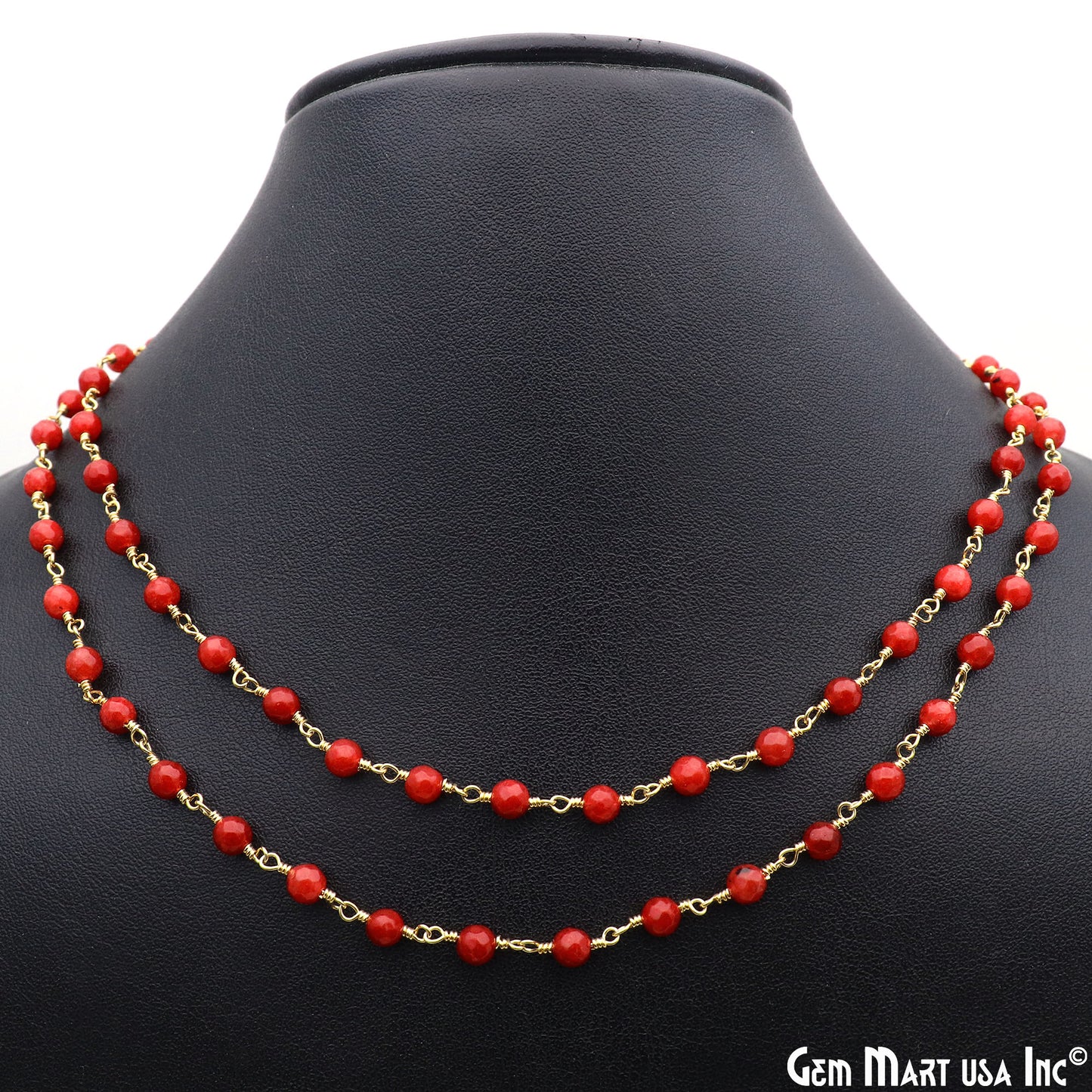 Red Jade Faceted Round 4mm Beads Gold Plated Wire Wrapped Rosary Chain