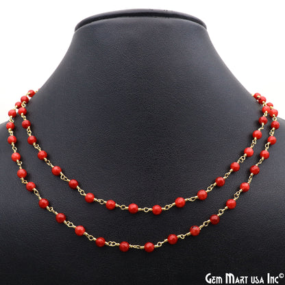 Red Jade Faceted Round 4mm Beads Gold Plated Wire Wrapped Rosary Chain