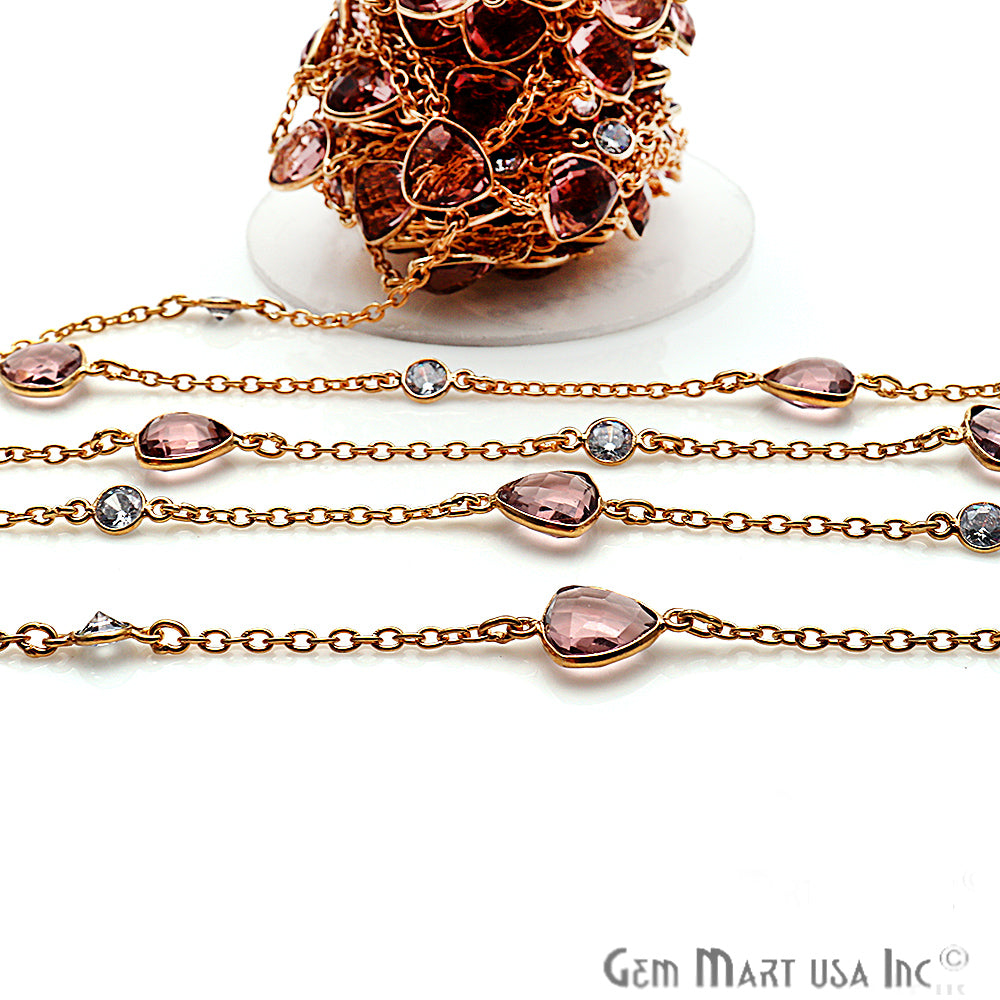 Pink Amethyst With Crystal 10mm Gold Plated Bezel Link Connector Chain - GemMartUSA