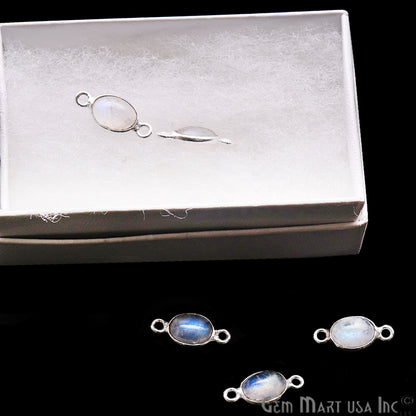 Rainbow Moonstone Cabochon 6x8mm Oval Silver Plated Double Bail Gemstone Connector - GemMartUSA