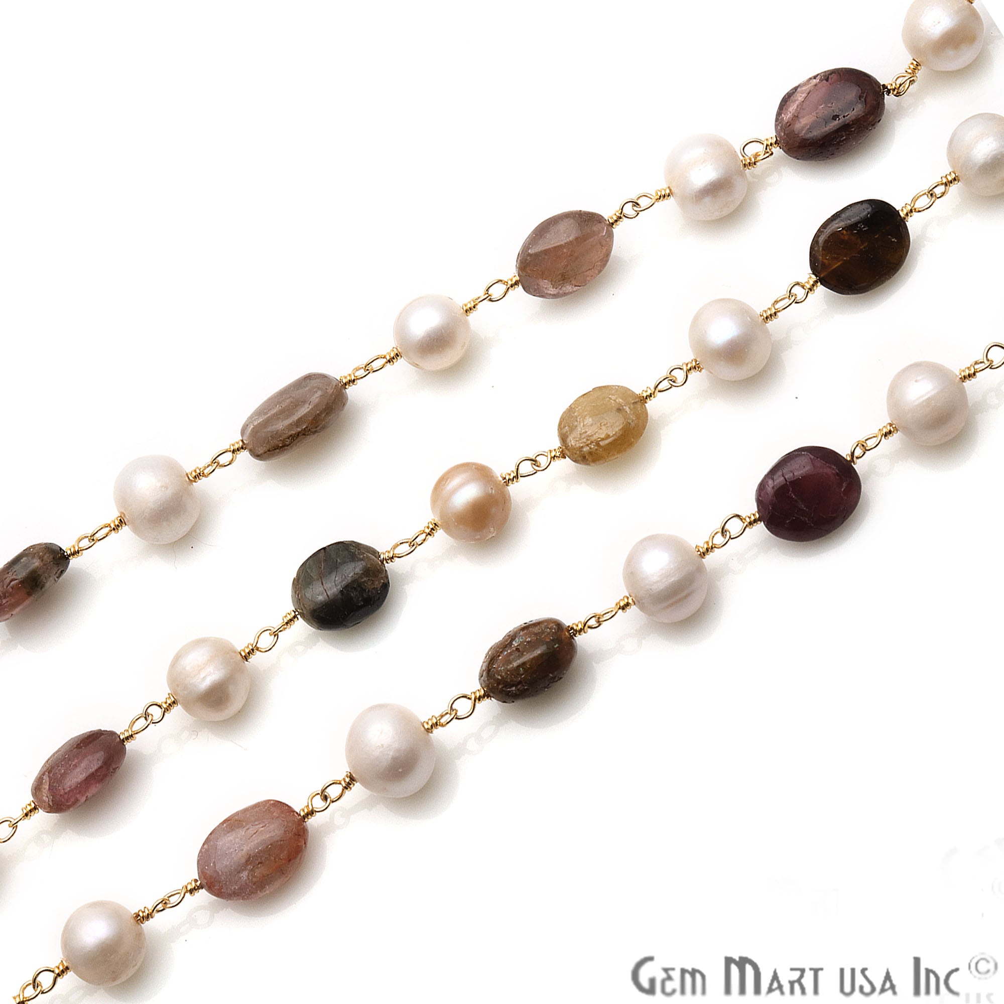 Multi Tourmaline 10x6mm & Pearl 7-8mm Gold Plated Wire Wrapped Rosary Chain - GemMartUSA