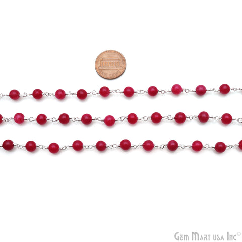 Ruby Jade Cabochon Beads 6mm Silver Wire Wrapped Rosary Chain
