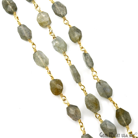 Labradorite Faceted Beads 6x8mm Gold Wire Wrapped Rosary Chain