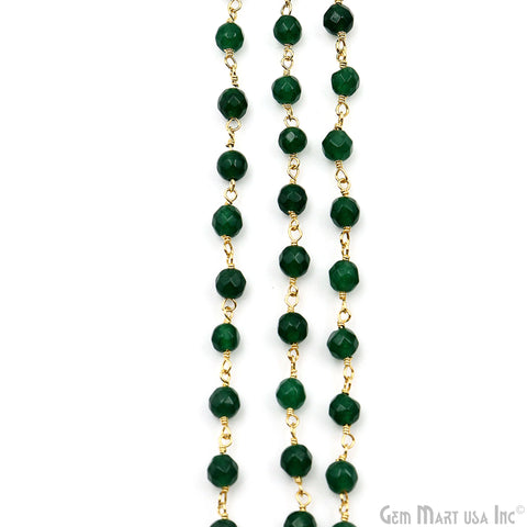 Green Jade Faceted Round 4mm Beads Gold Plated Wire Wrapped Rosary Chain