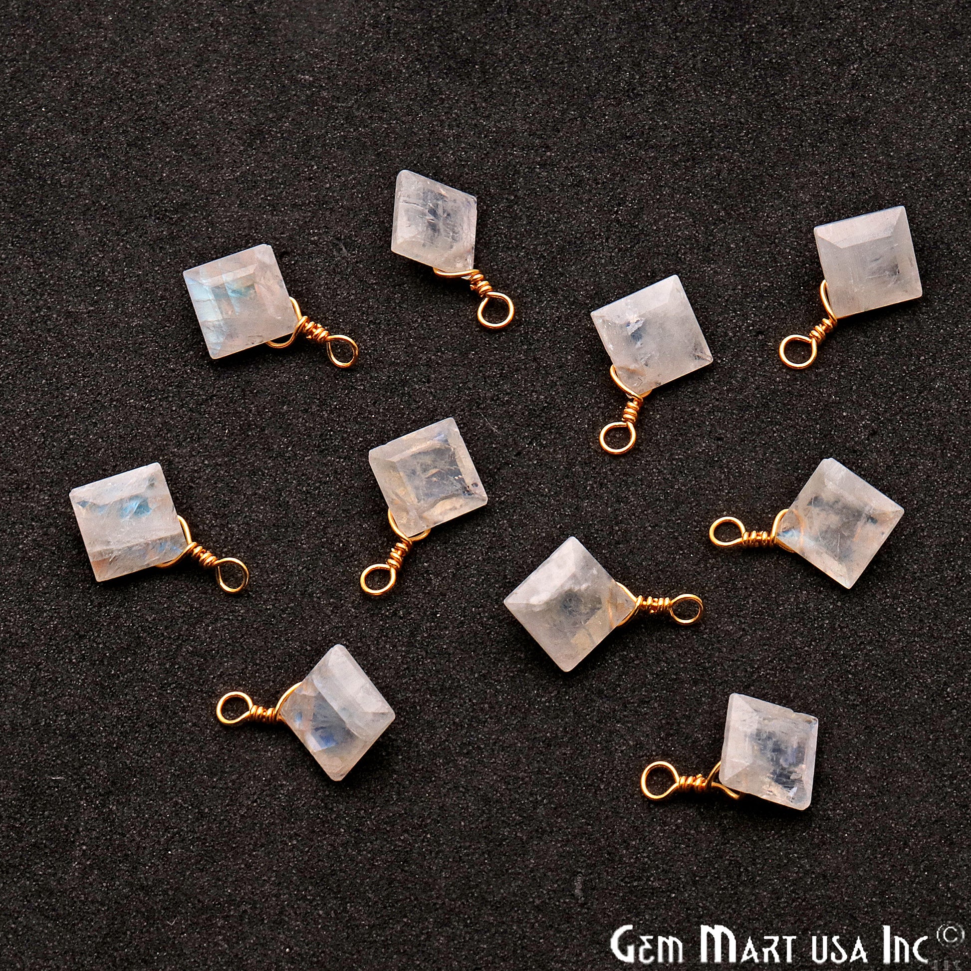 Rainbow Moonstone 7mm Square Single Bail Gold Wire Wrapped Gemstone Connector - GemMartUSA