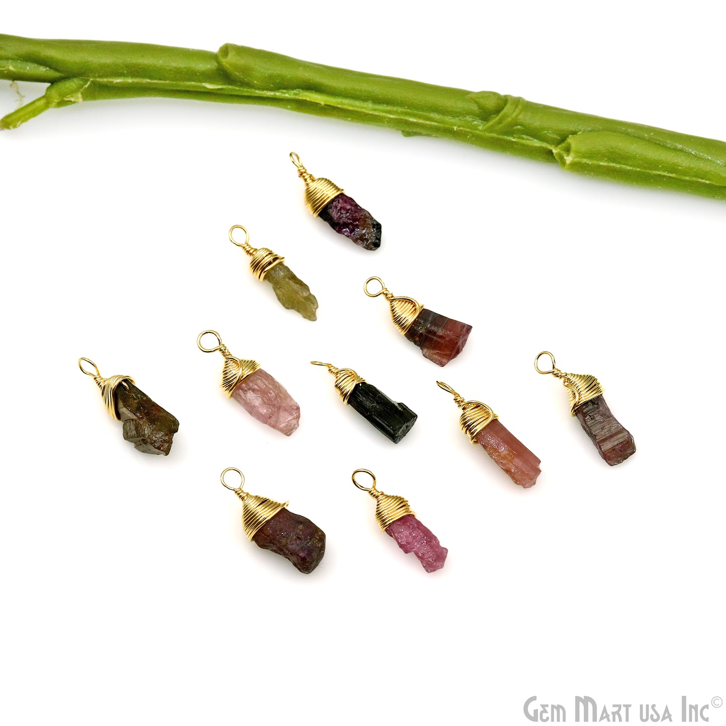 Multi Tourmaline Rough Gemstone 18x6mm Gold Wire Wrapped Single Bail Connector