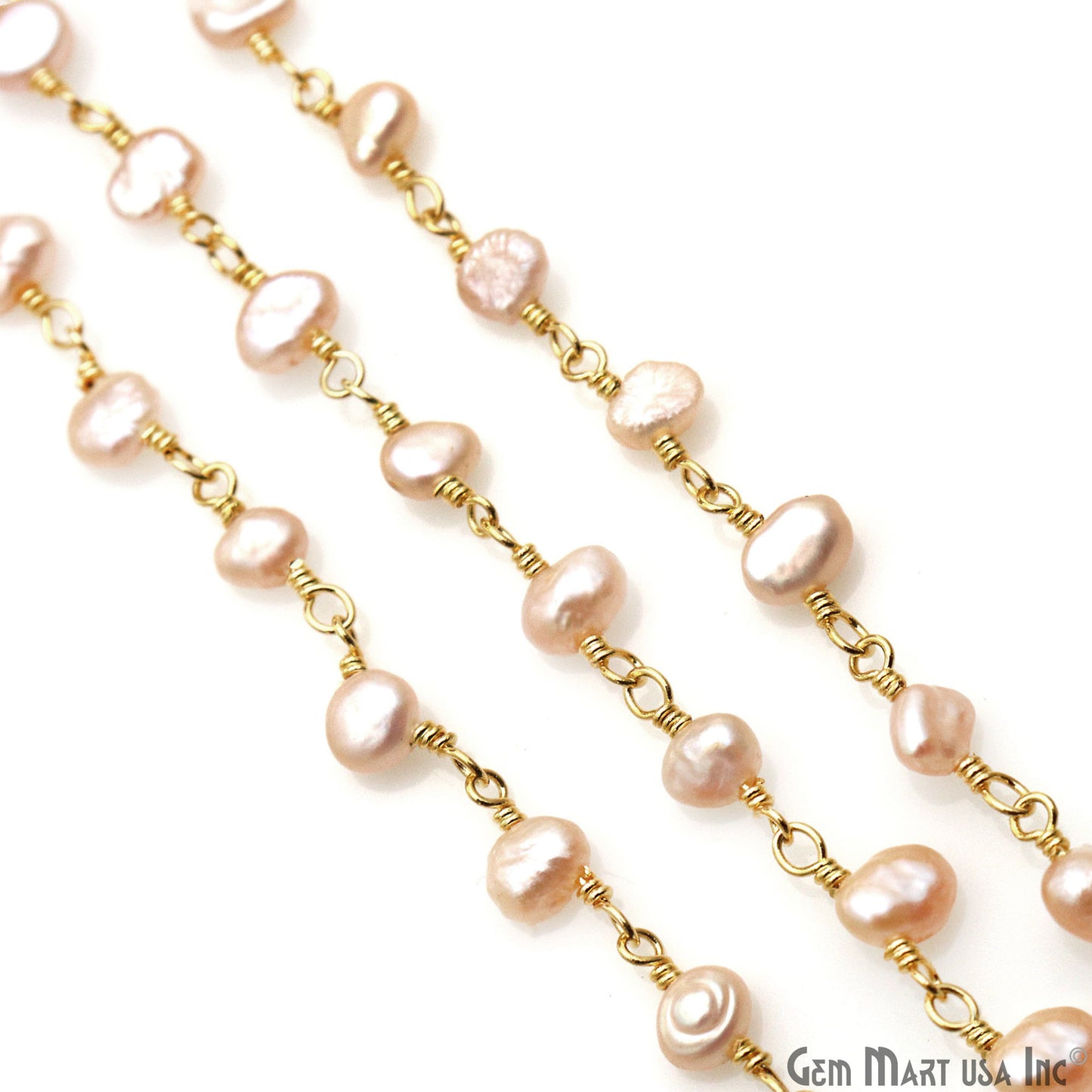 Pink Pearl Free Form 5-6mm Gold Wire Wrapped Beads Rosary Chain