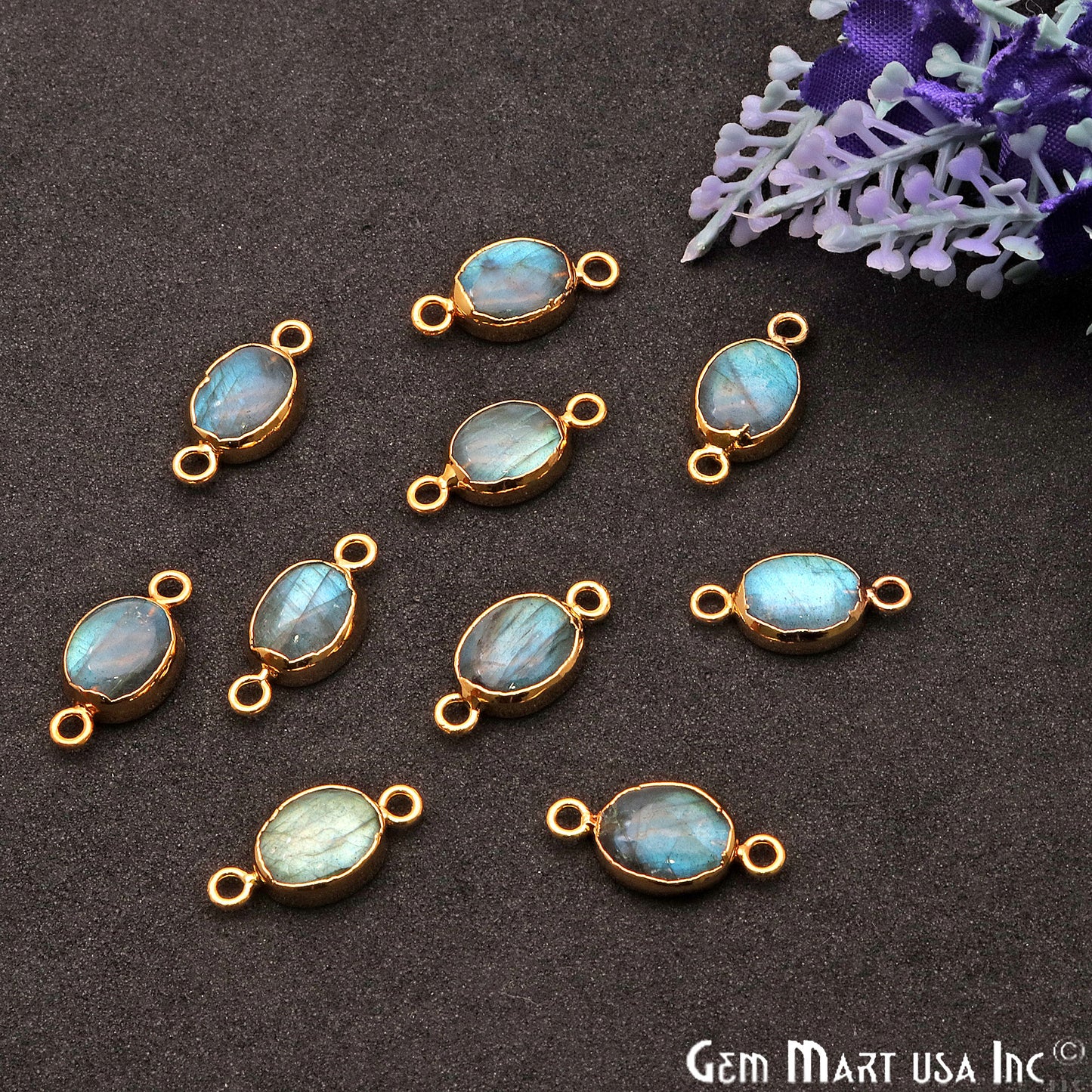 Flashy Labradorite Oval Shape Gold Edge 18x8mm Double Bail Connector - GemMartUSA