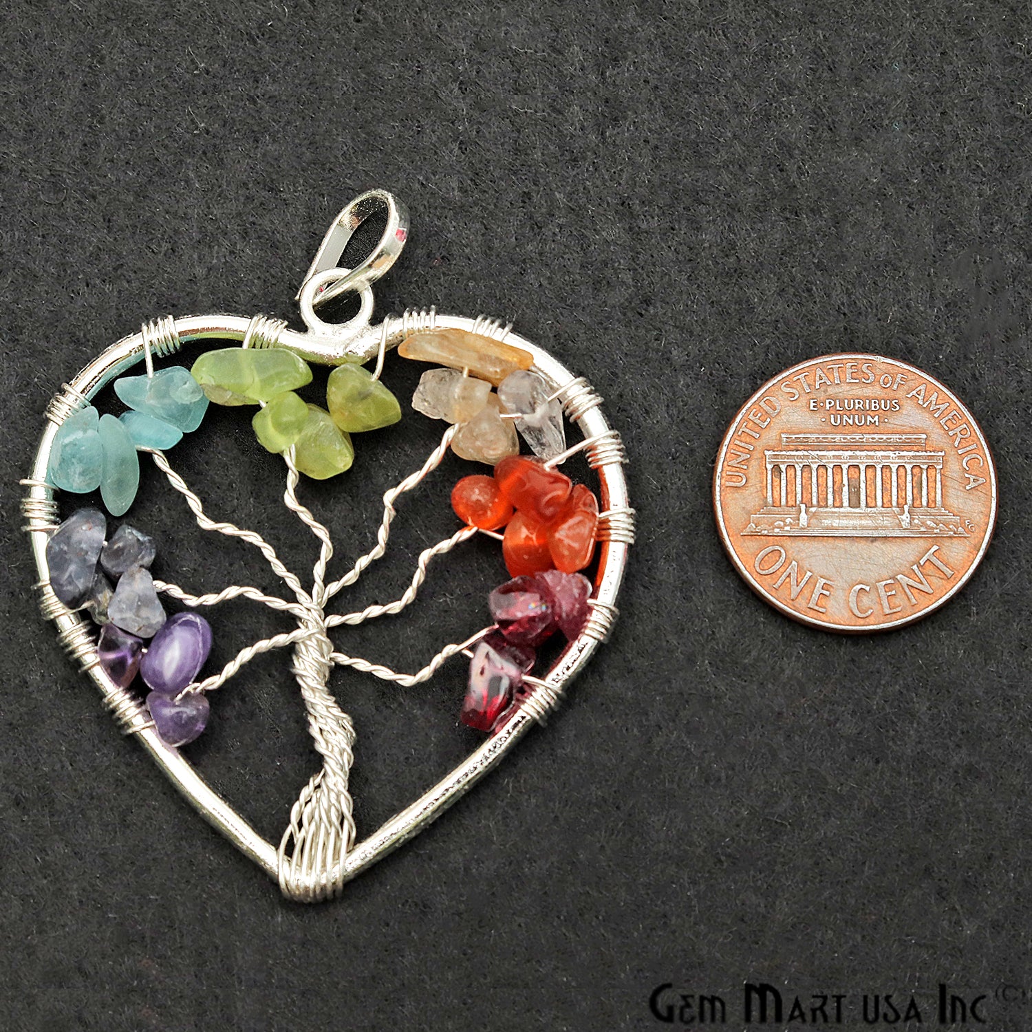 Tree of Life Multi Color Silver Heart 41x39mm Gemstone Healing Pendant - GemMartUSA