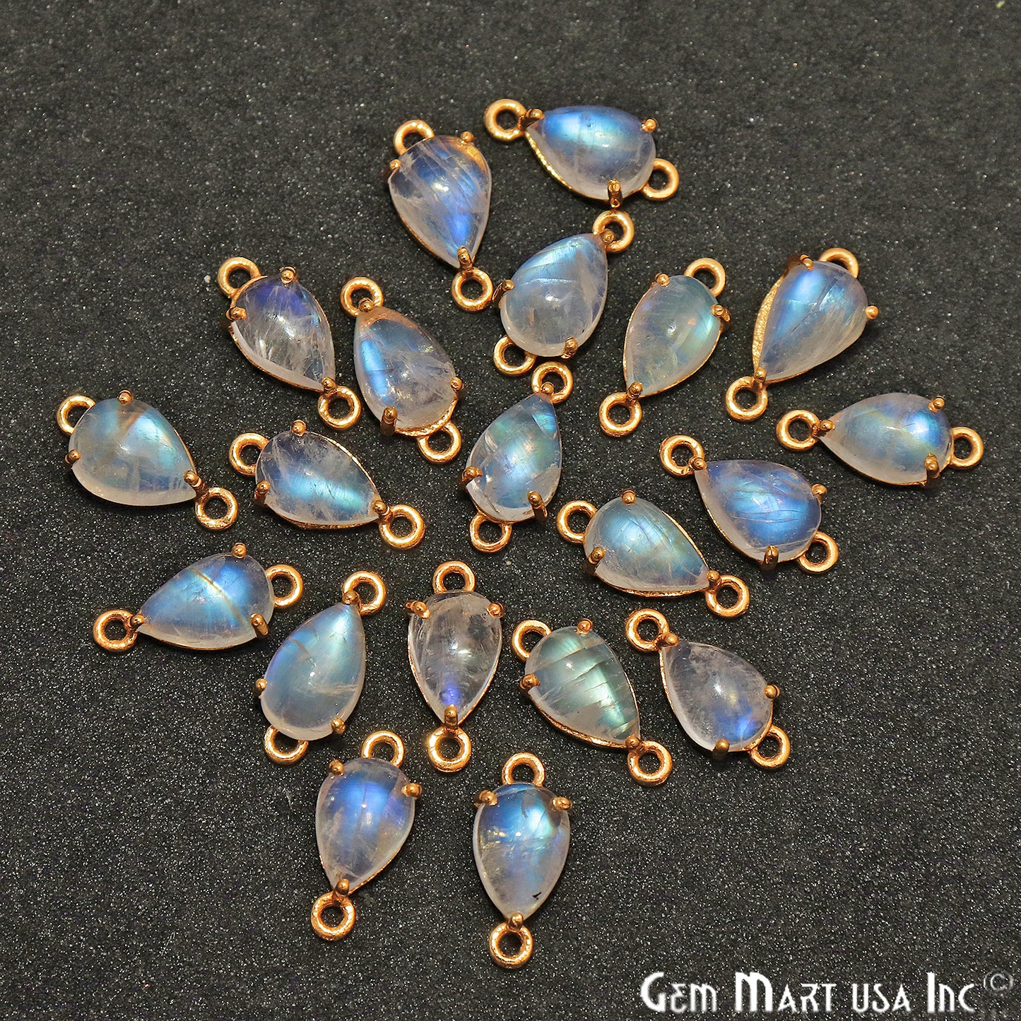 Rainbow Moonstone Cabochon Pears Prong Gold Plated Bail Connector - GemMartUSA