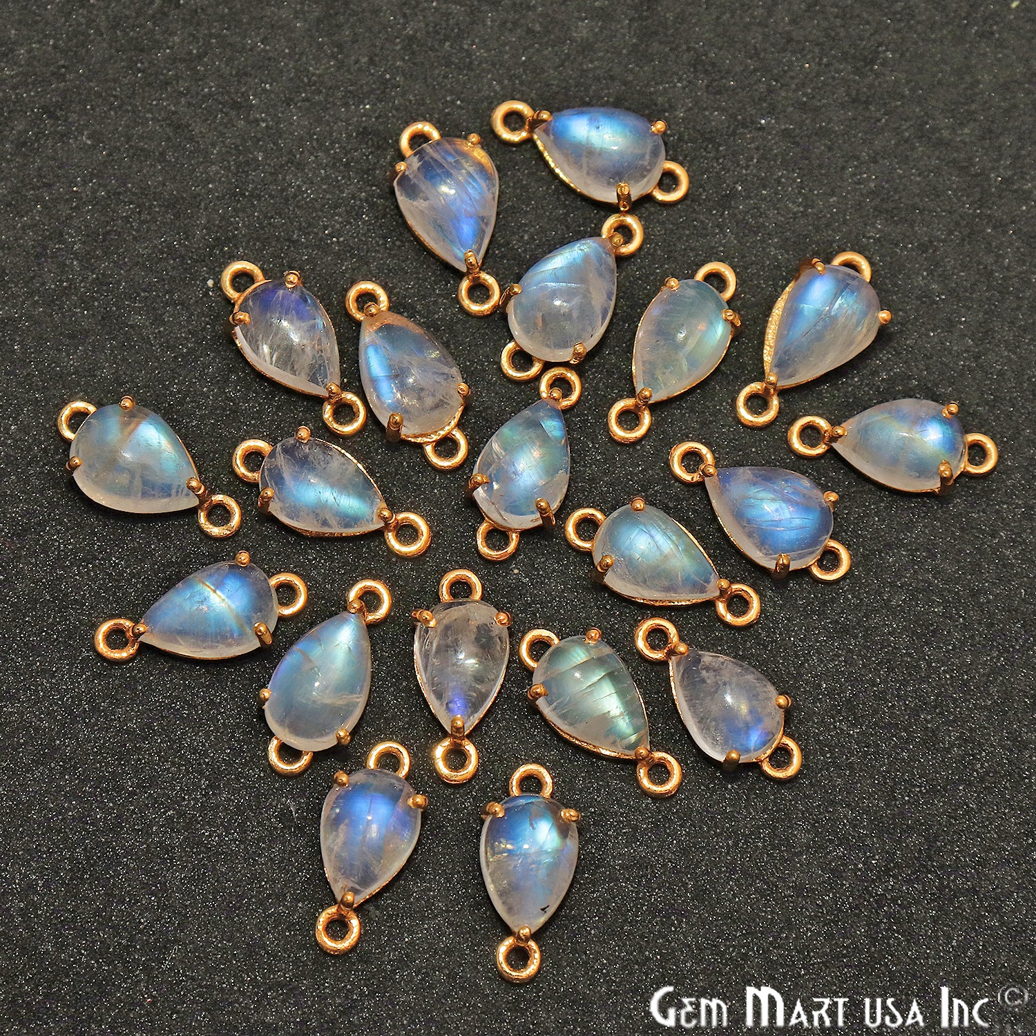 Rainbow Moonstone Cabochon Pears Prong Gold Plated Bail Connector - GemMartUSA