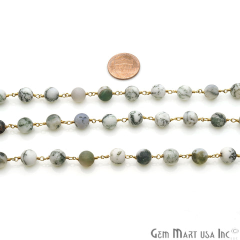 Green Agate Frosted Beads 8mm Gold Plated Wire Wrapped Rosary Chain - GemMartUSA