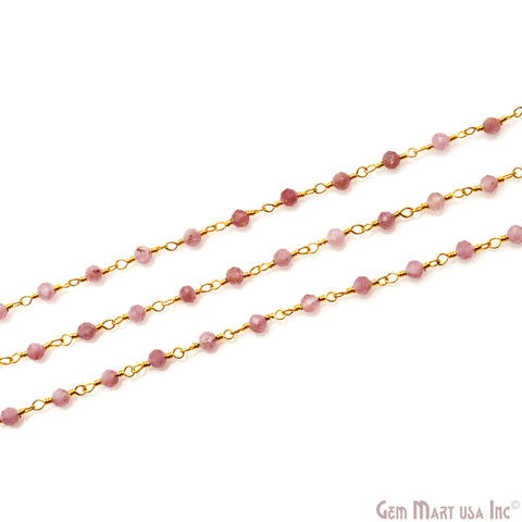 Strawberry Quartz Faceted 3-3.5mm Gold Wire Wrapped Beads Rosary Chain
