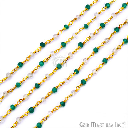 Green Onyx With Crystal Beads Rosary Chain, Gold Plated Wire Wrapped Rosary Chain