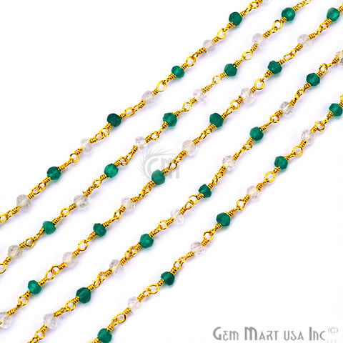 Green Onyx With Crystal Beads Rosary Chain, Gold Plated Wire Wrapped Rosary Chain