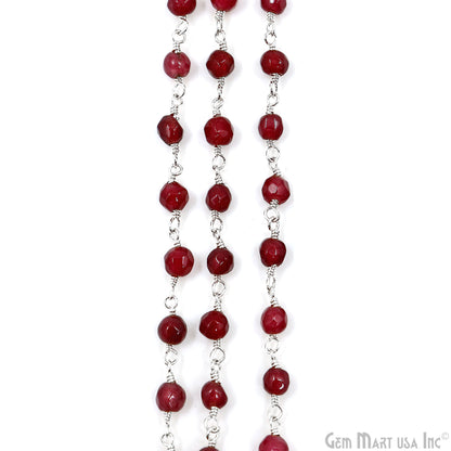 Dark Cherry Jade Beads 4mm Silver Plated Wire Wrapped Rosary Chain