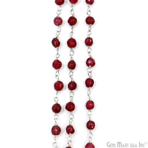 Dark Cherry Jade Beads 4mm Silver Plated Wire Wrapped Rosary Chain