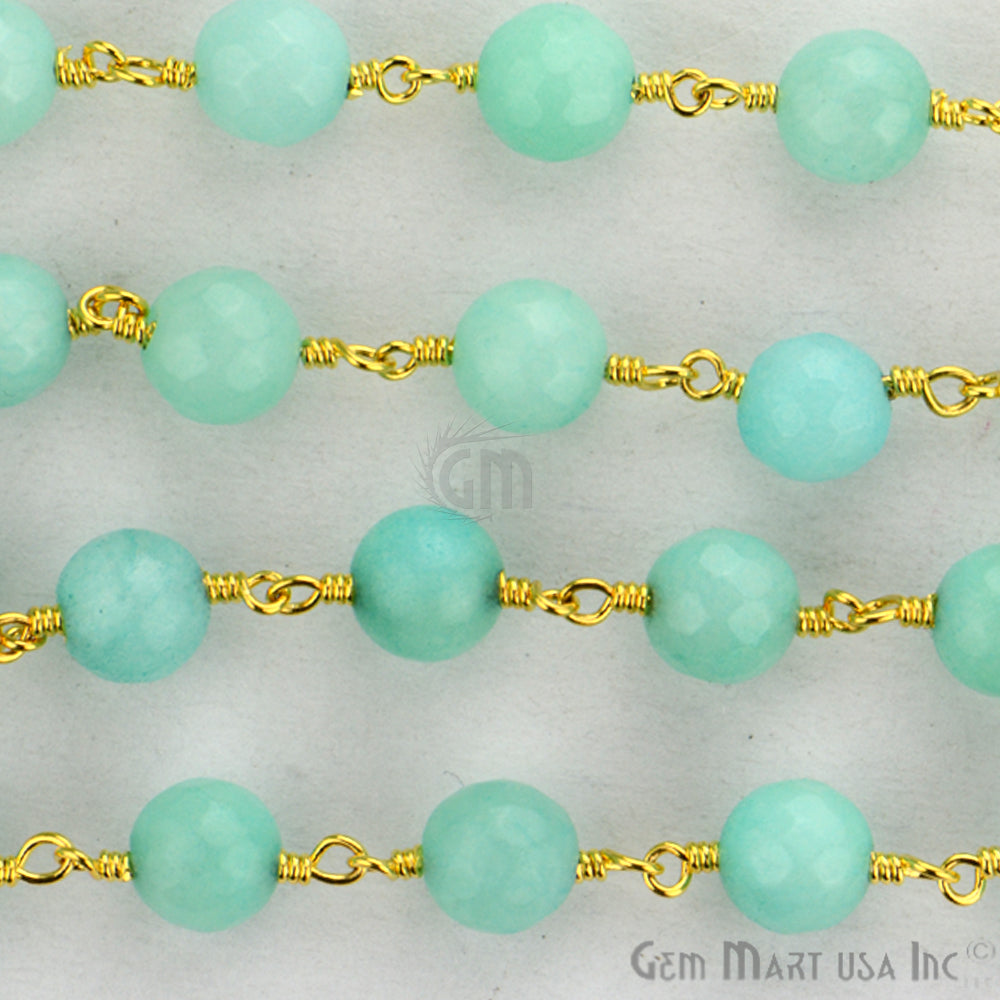 Light Green Jade Faceted Beads 6mm Gold Plated Wire Wrapped Rosary Chain - GemMartUSA