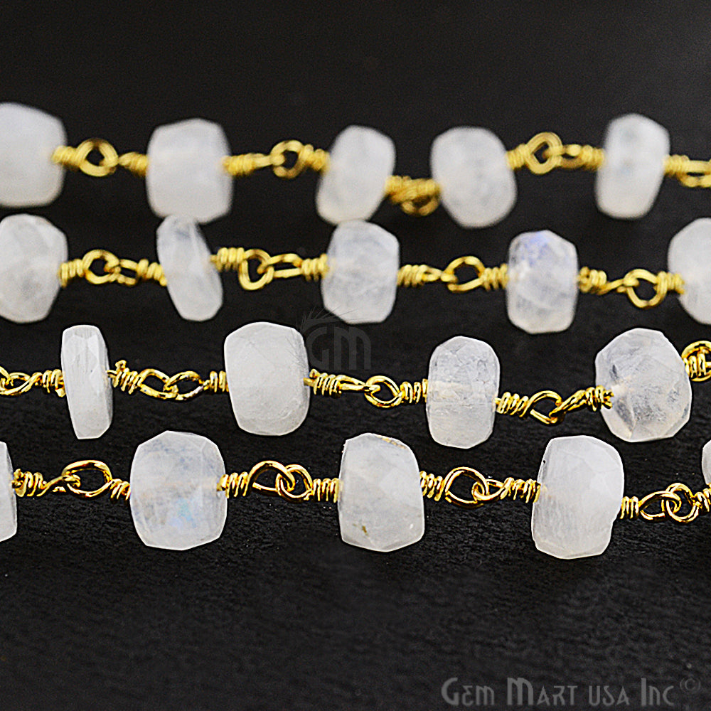 Rainbow Moonstone Rondelle 6-7mm Beads Chain, Gold Plated Wire Wrapped Rosary Chain - GemMartUSA (763793342511)