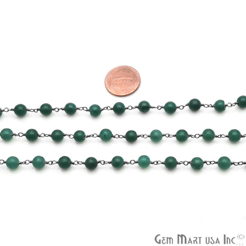 Green Jade Smooth Beads 6mm Oxidized Wire Wrapped Rosary Chain - GemMartUSA