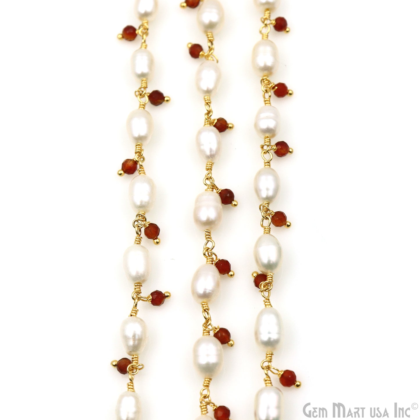 Pearl And Carnelian Faceted Beads Gold Wire Wrapped Beads Rosary Chain