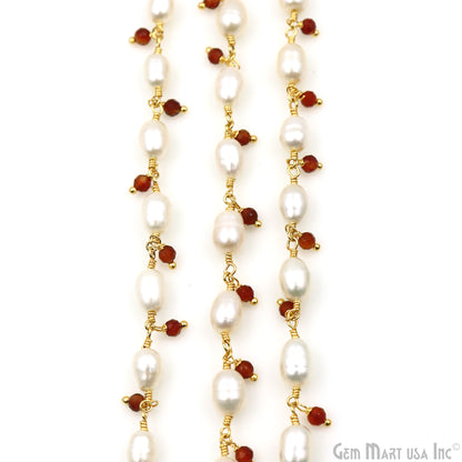 Pearl And Carnelian Faceted Beads Gold Wire Wrapped Beads Rosary Chain