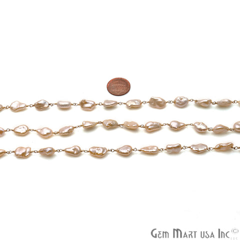 Pink Pearl Free Form 10-12mm Gold Plated Wire Wrapped Rosary Chain - GemMartUSA