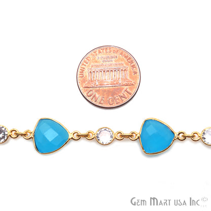 Sky Blue Chalcedony & Crystal Gold Plated Bezel Link Continuous Connector Chain - GemMartUSA