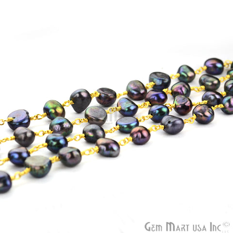 Black Pearl Gold Plated Wire Wrapped Beads Rosary Chain - GemMartUSA (763642249263)
