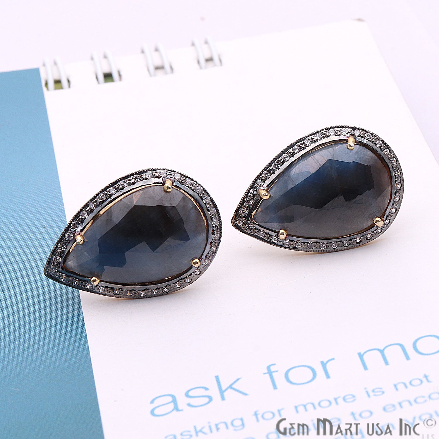 Sapphire With Cubic Zircon Pave 25x17mm Gold Vermeil Stud Earring - GemMartUSA