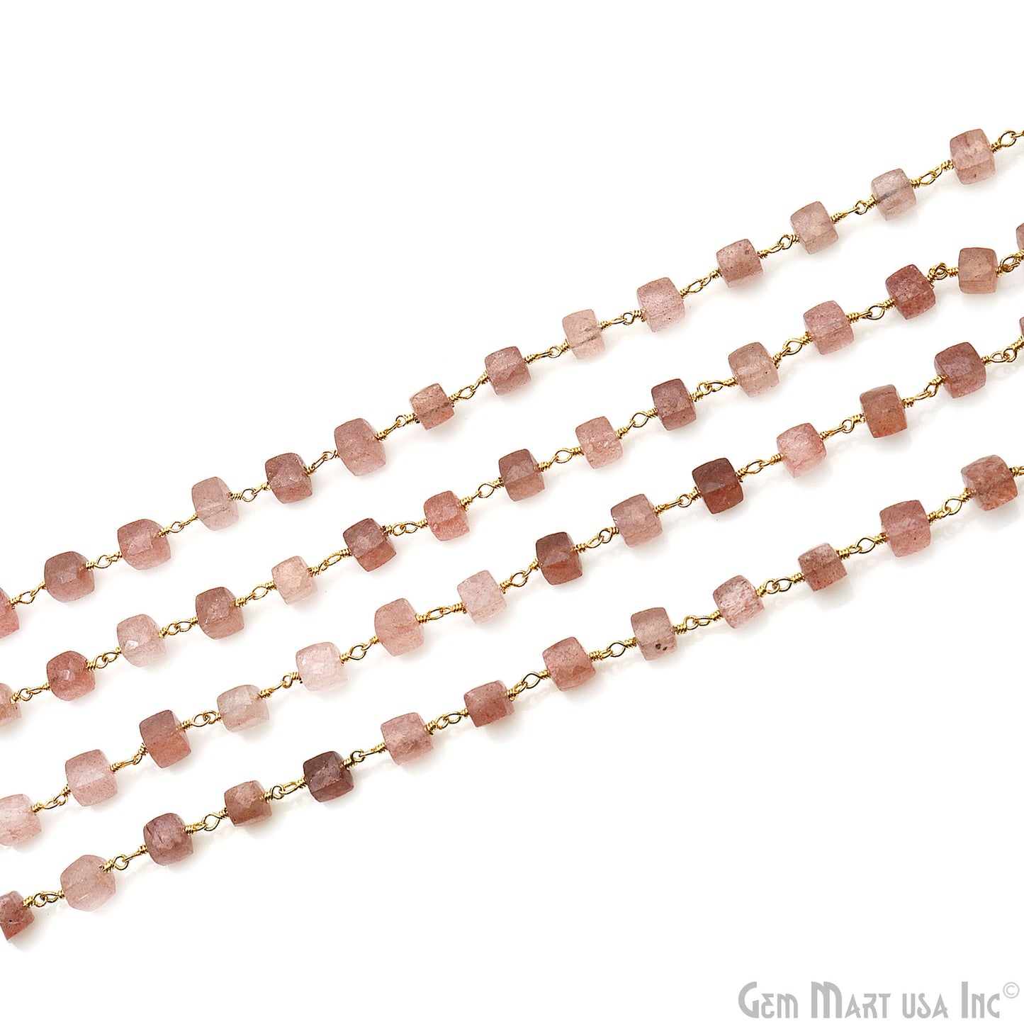 Strawberry Quartz Faceted Box 5-6mm Gold Wire Wrapped Rosary Chain