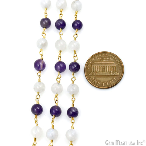 Amethyst & Rainbow Cabochon Beads 5-6mm Gold Plated Gemstone Rosary Chain