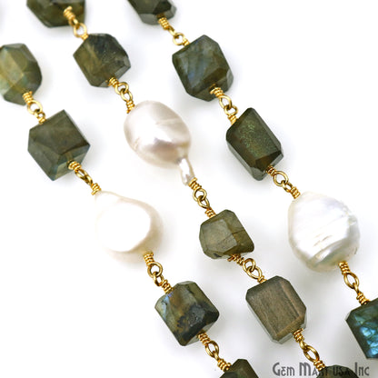 Labradorite With Pearl Freeform Shape Gold Plated Wire Wrapped Beads Rosary Chain