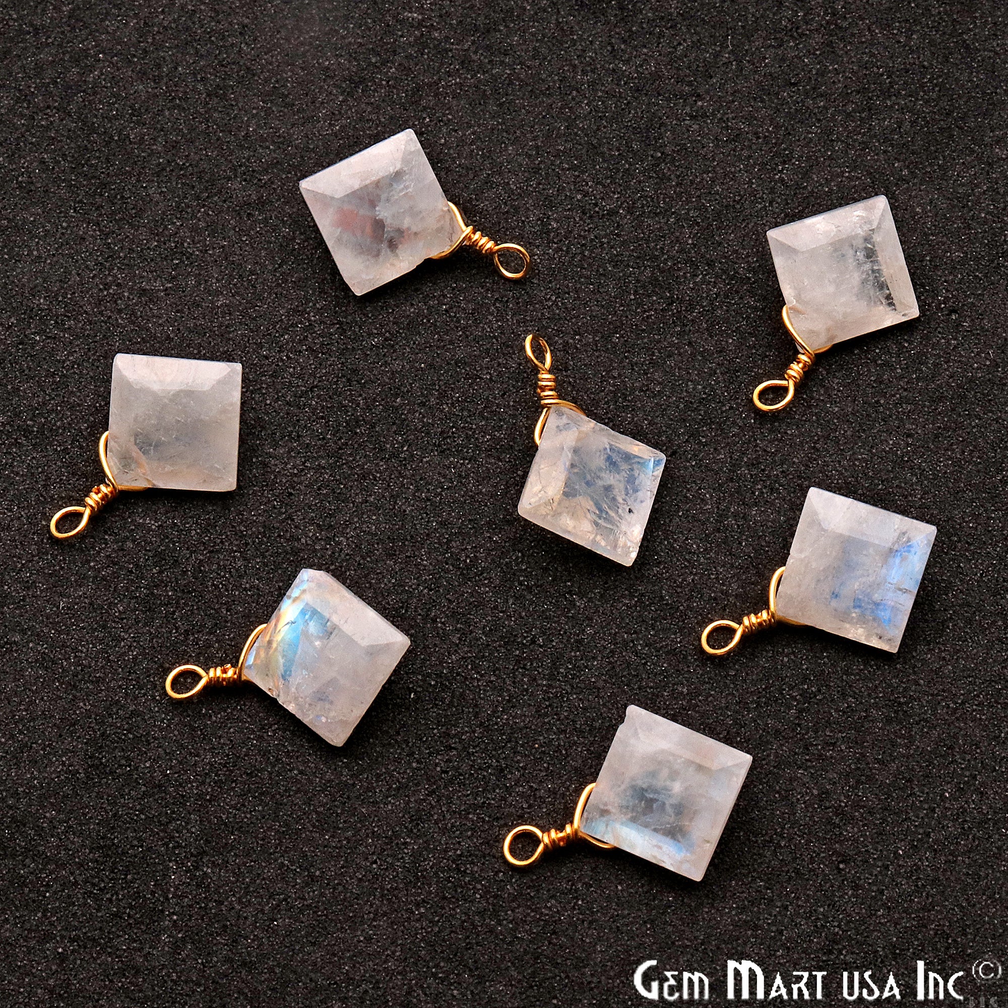 Rainbow Moonstone 8mm Square Single Bail Gold Wire Wrapped Gemstone Connector - GemMartUSA