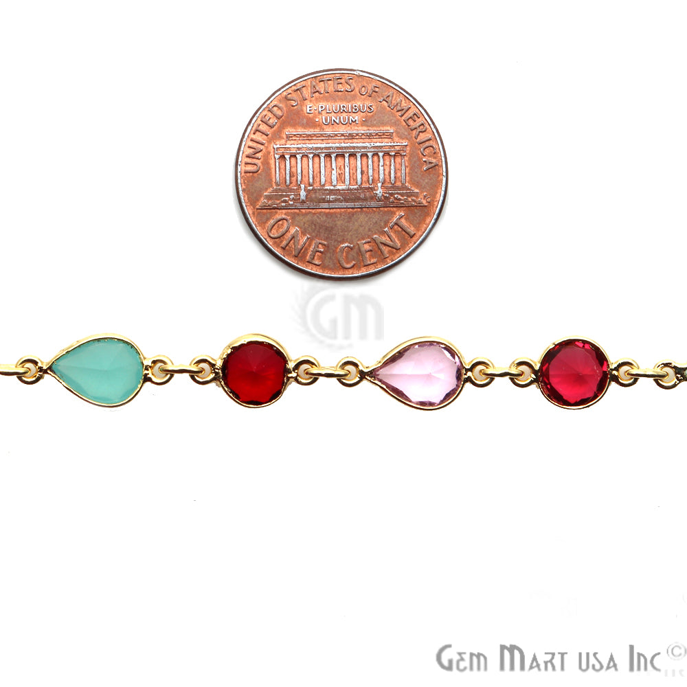 Multi Stone Gold Plated Round 6mm & Pears 6x8mm Bezel Continuous Connector Chain - GemMartUSA