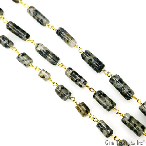 Fluorite Cabochon Tumble Beads 10x5mm Gold Plated Wire Wrapped Rosary Chain