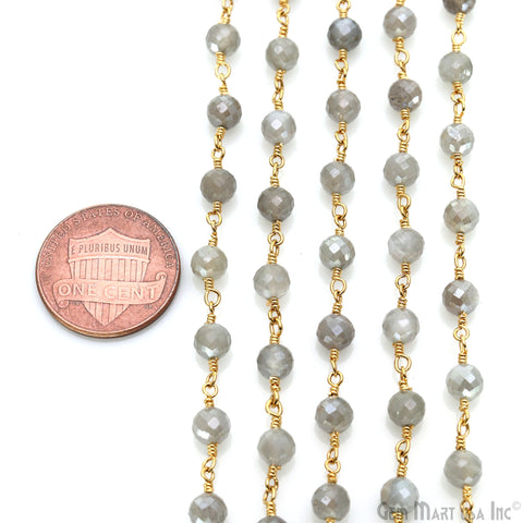 Mistique Labradorite Gemstone Faceted Beads 5mm Gold Plated Wire Wrapped Bead Rosary Chain
