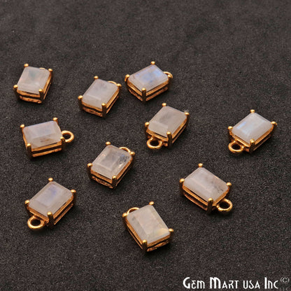 Rainbow Moonstone 6x8mm Rectangle Gold Prong Setting Single Bail Connector - GemMartUSA