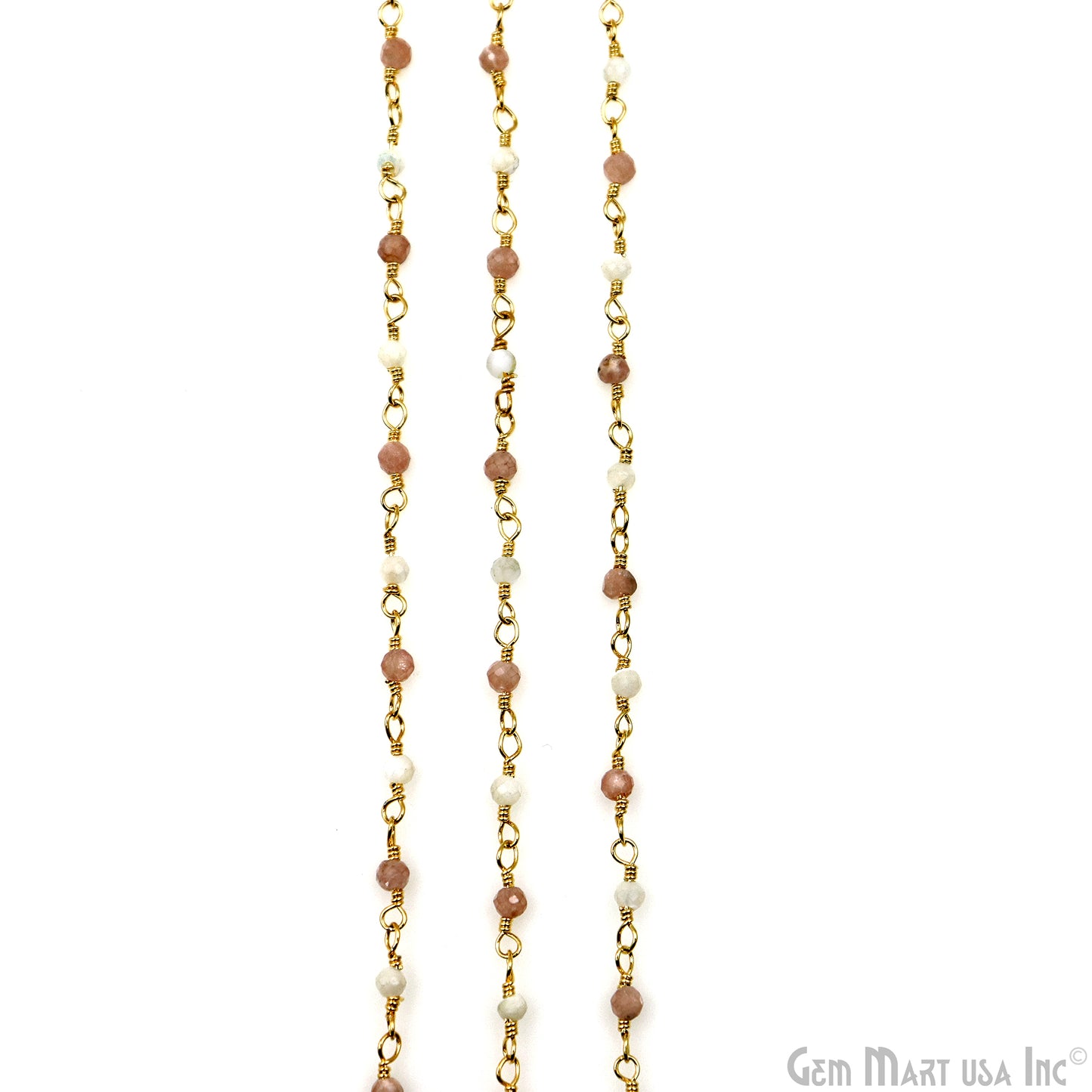 Rhodochrosite & Mother Of Pearl Gold Plated Wire Wrapped Gemstone Beads Rosary Chain